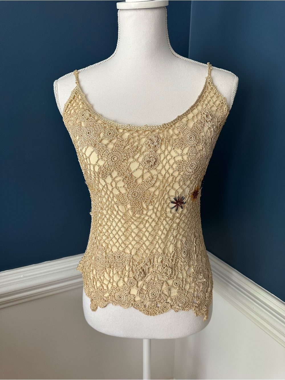 Very Vera Crochet Beaded Tank Top Beige Floral Mesh Size Small